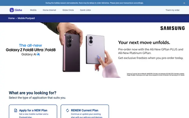 The Globe Telecom shop home page: the blue Globe navigation bar and a Mobile Postpaid breadcrumb above a full width Samsung Galaxy pre-order banner