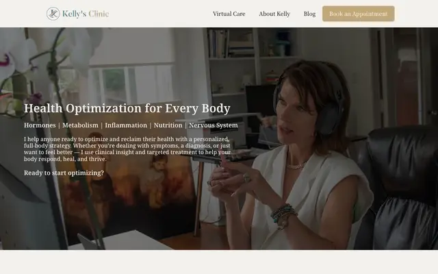 The Kelly's Clinic home page: a pale hero headed Health Optimization for Every Body over a photograph of the clinician at her desk, with a Book an Appointment button in the navigation