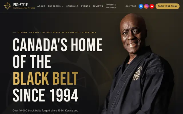 The ProStyle Martial Arts home page: a dark hero headed Canada's home of the black belt since 1994, with a photograph of an instructor in a black gi holding a worn red and black belt